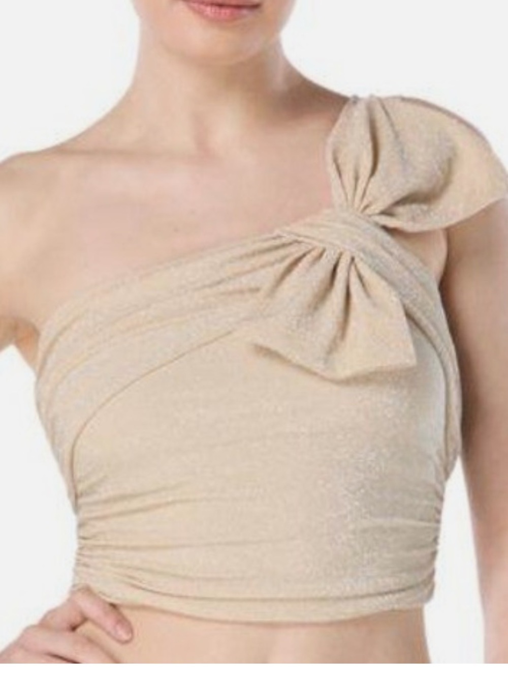 Carmen Marc Valvo Bow Underwire Swim Top Womens L Gold Glitter One Shoulder NWT